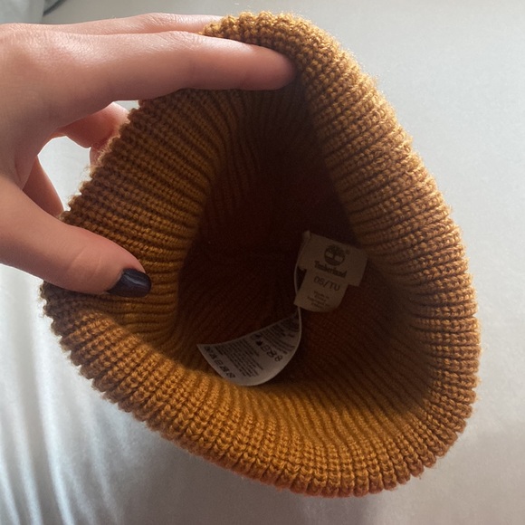 Timberland Tan Brown One Size Woven Knit Beanie Hat With Leather Patch Logo - Picture 4 of 7